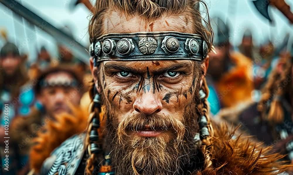 Amidst a gathering of warriors, a Norse fighter with intricate tattoos and a striking gaze captures the essence of ancient bravery and heritage under a moody sky Amidst a gathering of warriors, a Norse fighter with intricate tattoos and a striking gaze captures the essence of ancient bravery and heritage under a moody sky
