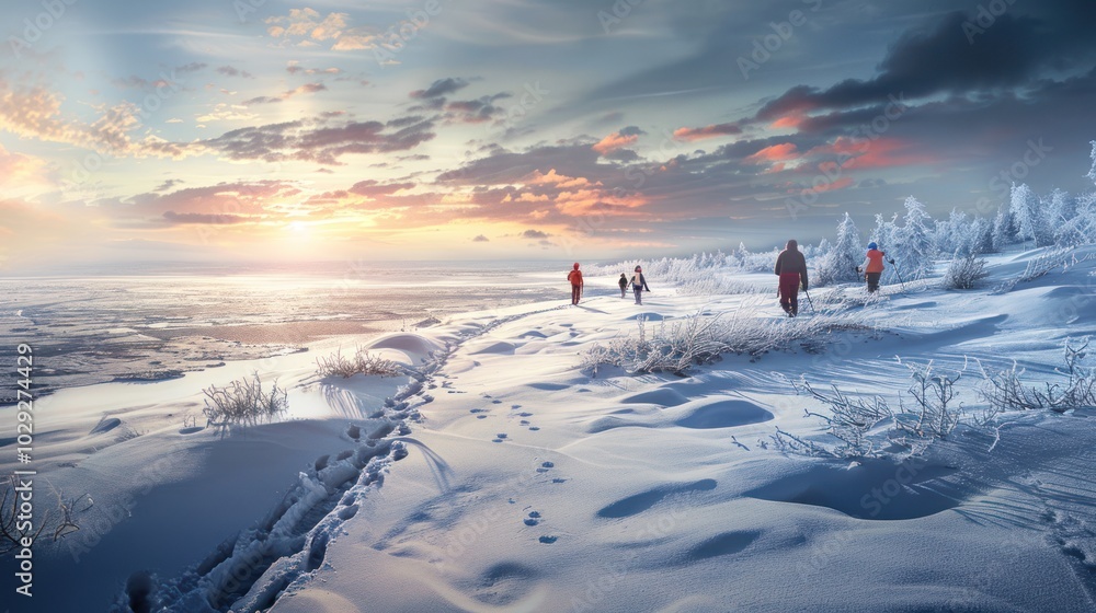 Hikers Walking Through Snowy Landscape at Sunset Hikers Walking Through Snowy Landscape at Sunset