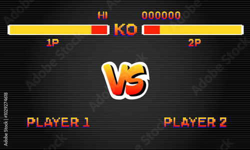 Fight retro game interface in dark style with HP banner. Versus red logo in computer game.