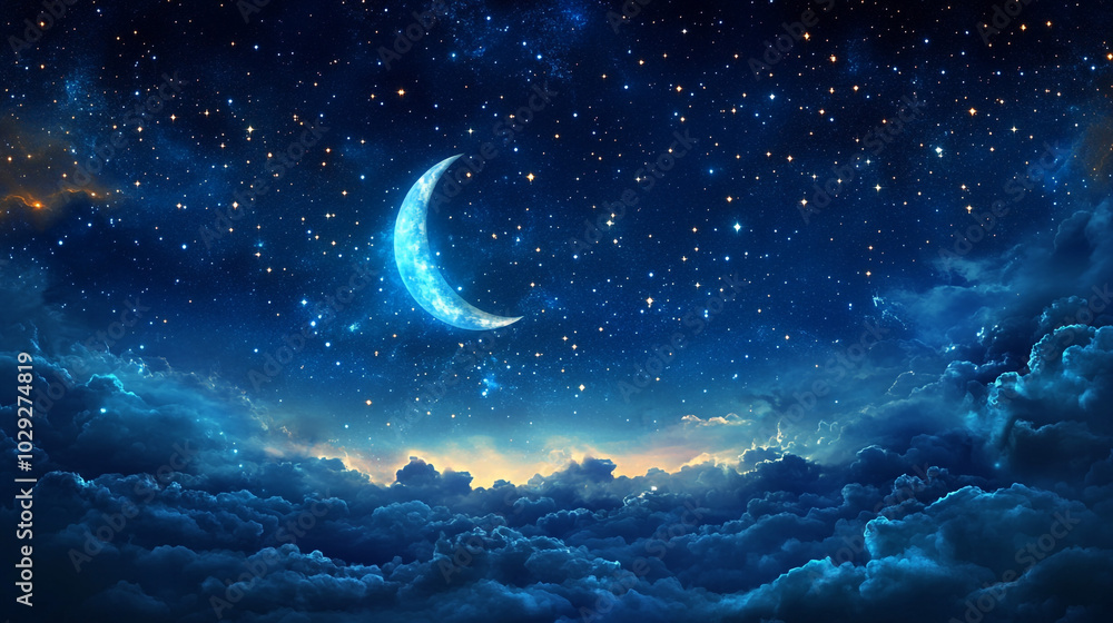 Night Sky with Crescent Moon and Stars Above Clouds Night Sky with Crescent Moon and Stars Above Clouds