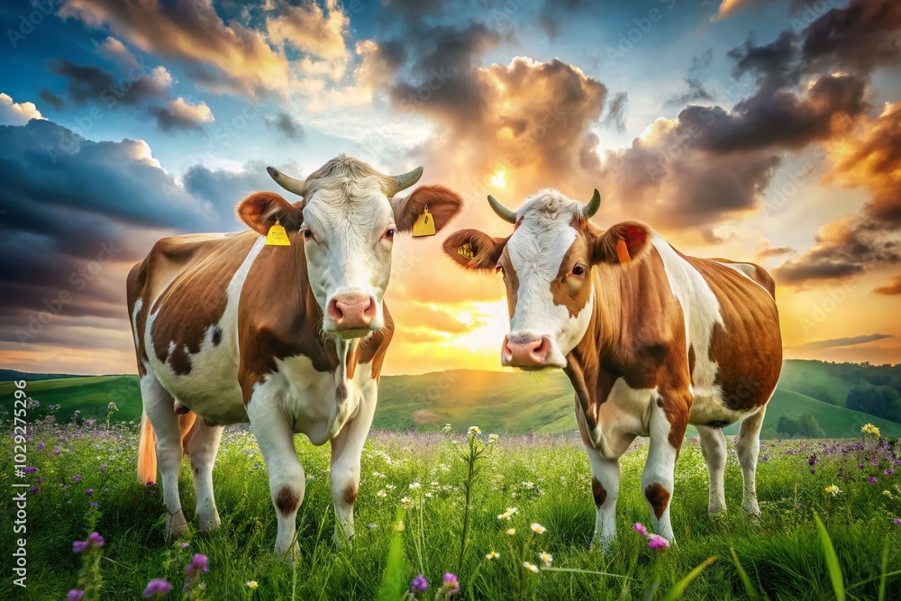 Two cows face each other in a sunny pasture, captured in an adorable portrait. Their gentle expressions radiate charm, celebrating the beauty of farm