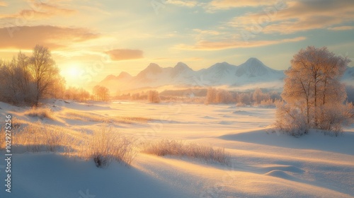 A peaceful winter landscape with snow-covered fields and distant mountains softly glowing in the sunlight