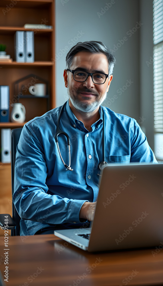 Portrait of psychiatrist man sitting in front of laptop computer and waiting for patients or clients in office. Psychology concept isolated with white highlights, png Portrait of psychiatrist man sitting in front of laptop computer and waiting for patients or clients in office. Psychology concept isolated with white highlights, png