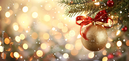 Christmas background with a golden Christmas tree ornament and red ribbon hanging on it