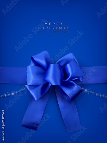 Christmas realistic blue satin ribbon and bow, string beads. Gift bow template. Xmas banner, web poster, design for flyer, brochures, holiday invitations. Happy new year gift card. Vector illustration