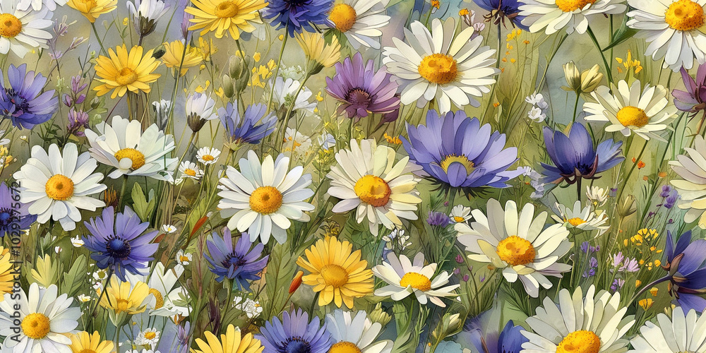 A lush meadow filled with daisies and various wildflowers under a bright blue sky A lush meadow filled with daisies and various wildflowers under a bright blue sky