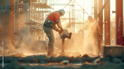 Construction Worker Cutting Concrete with a Power Tool