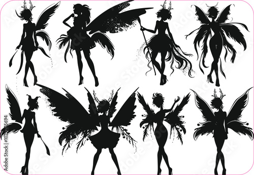 Cartoon magic fairy tale little fairies silhouettes. Magical little fairies girls flying with butterflies illustration set. Fantasy pixie creatures.