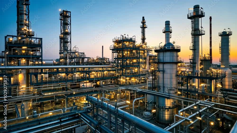 Oil Refinery Plant at Sunset: Industrial Gas and Petrochemical Processing Factory with Pipes, Tanks, and Complex Machinery Oil Refinery Plant at Sunset: Industrial Gas and Petrochemical Processing Factory with Pipes, Tanks, and Complex Machinery