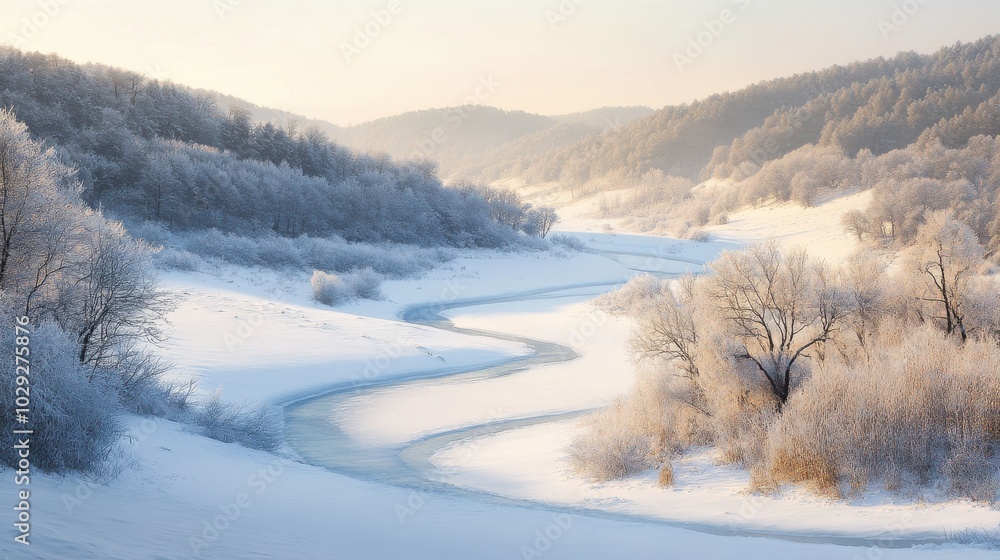 A snow-covered valley with a frozen river winding through, softly lit by natural light A snow-covered valley with a frozen river winding through, softly lit by natural light