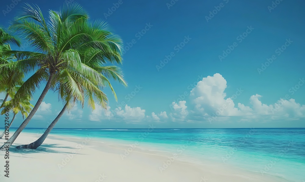 Fototapeta premium Serene Tropical Beach with Palm Trees and Blue Sky: Perfect Summer Vacation, Beach Escape, or Business Travel Setting with Copy Space for Relaxation Concept Serene Tropical Beach with Palm Trees.