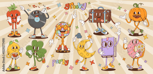 Cartoon retro groovy characters, hippie 60s 70s and funky comic art, vector personages. Funny groovy donut and dancing disco ball with vinyl disk on hippie party with cute lemon and shamrock clover
