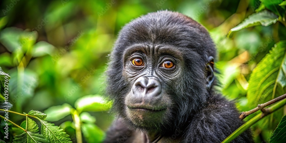 Obraz premium Cute Baby Gorilla with Anxious Expression in Lush Green Environment