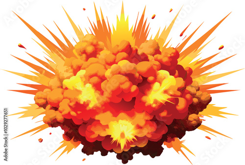 Big powerful explosion with rising flames and smoke cloud-