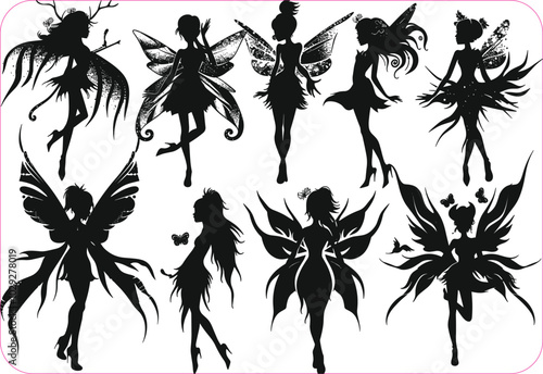 Fairy silhouette, Fairy silhouette set, Vector collection of fairies silhouettes