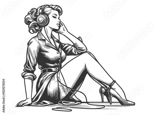 woman sitting while listening to music with headphones, love for music sketch engraving generative ai fictional character vector illustration. Scratch board imitation. Black and white image.