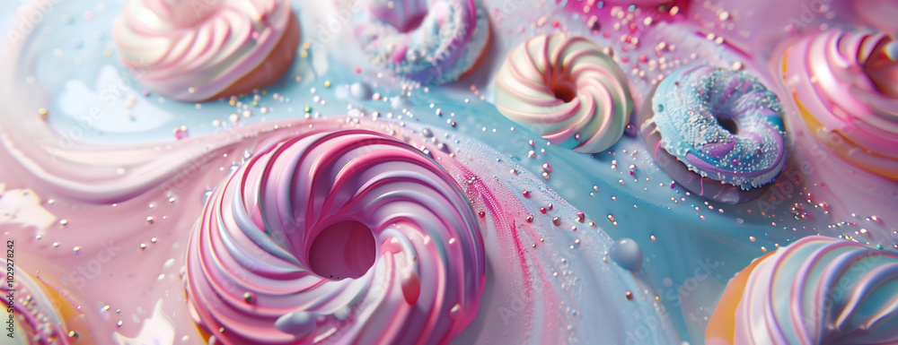 A close-up of swirling doughnuts with pastel swirls and sprinkles. A close-up of swirling doughnuts with pastel swirls and sprinkles.