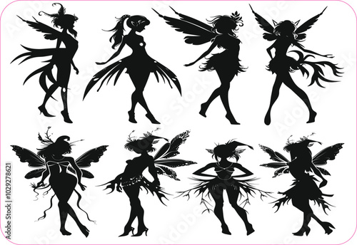 Fairy silhouette, Fairy silhouette set, Vector collection of fairies silhouettes