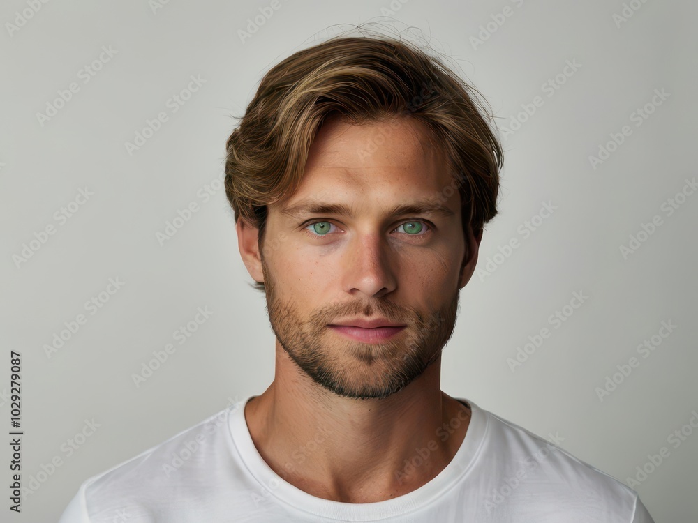 Portrait of handsome young man with blond hair and green eyes looking at camera Portrait of handsome young man with blond hair and green eyes looking at camera