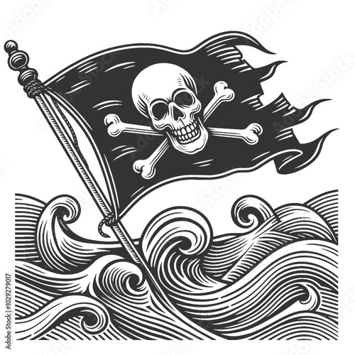 pirate flag with skull and crossbones waving over turbulent ocean waves. Stars fill the night sky sketch engraving generative ai vector illustration. Scratch board imitation. Black and white image.