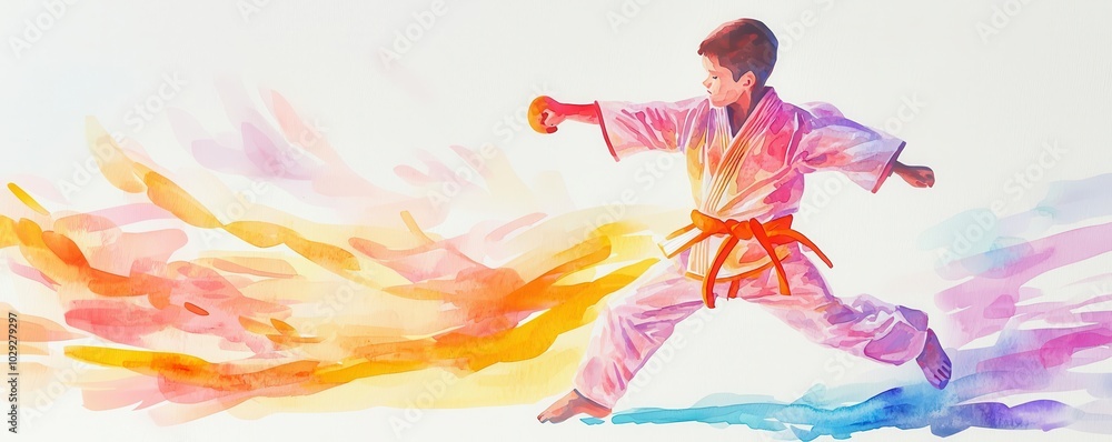Obraz premium Karate kid in action with colorful motion effects.