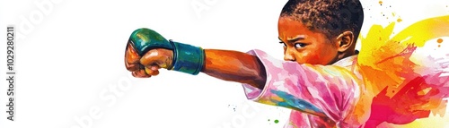 Young boxer practicing punch with colorful background. photo