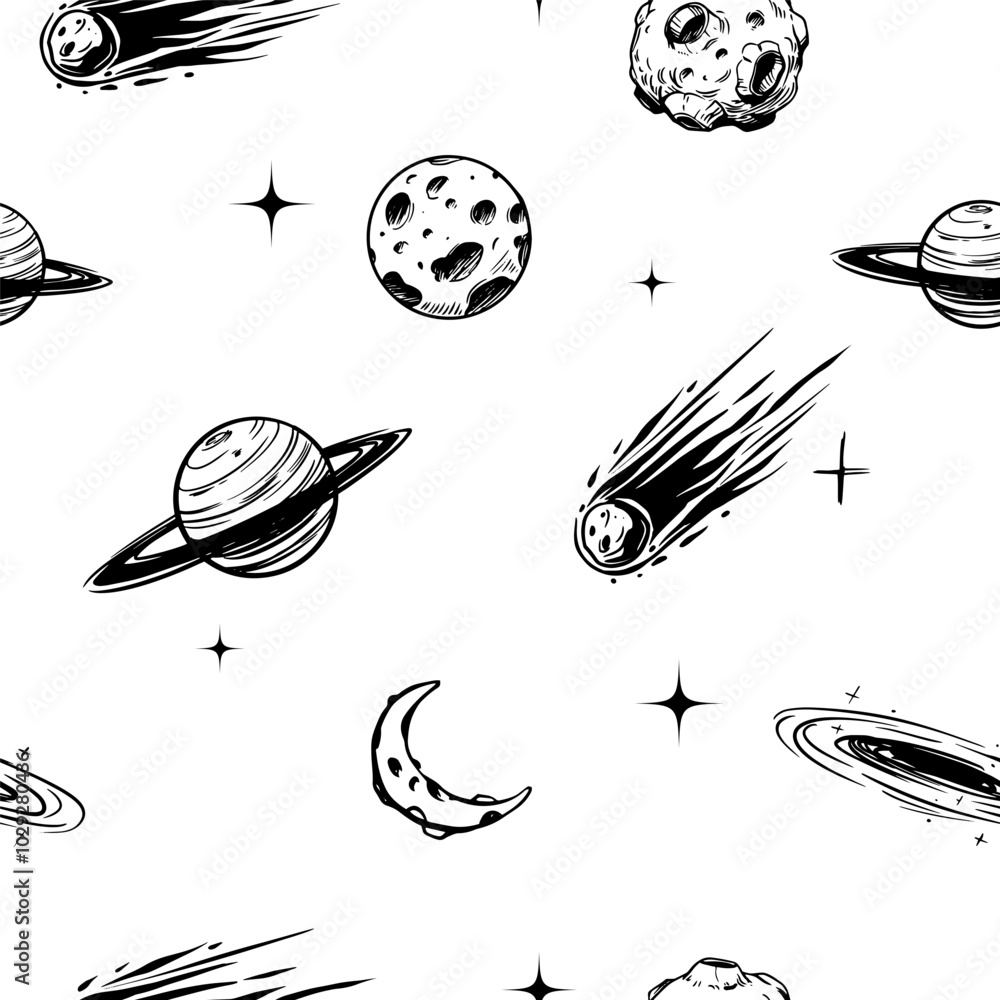 Seamless pattern, space, planets, stars, asteroids, comets, galactic objects. vector sketch illustration, black outline