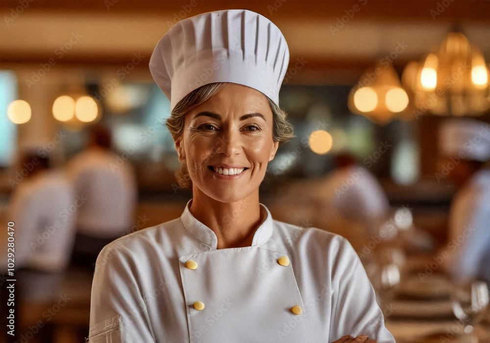 A skilled and confident female chef in a luxurious restaurant, smiling warmly in a crisp white uniform and chef's hat, representing expertise, creativity, and passion for fine dining. A skilled and confident female chef in a luxurious restaurant, smiling warmly in a crisp white uniform and chef's hat, representing expertise, creativity, and passion for fine dining.