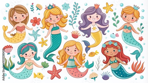 Cute Little Mermaids Vector Set for Baby Girls - Hand Drawn Underwater Illustrations