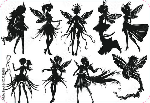 Fairy silhouette, Fairy silhouette set, Vector collection of fairies silhouettes