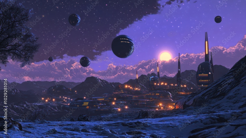 Fototapeta premium A Futuristic City Under a Starry Night Sky