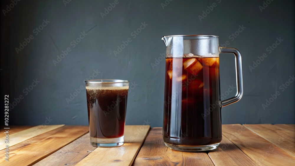Iced coffee pitcher beside a refreshing glass on wood. Iced coffee pitcher beside a refreshing glass on wood.