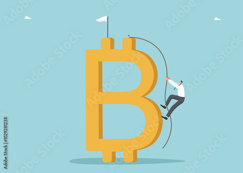 Having achieved financial heights in cryptocurrency market, investor found profitable niche for investing in digital currency, successful game in exchange market, man climbs rope to top of bitcoin.