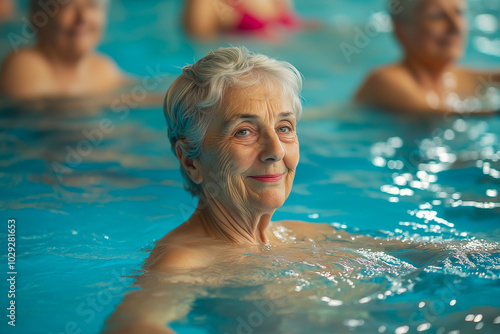 Group of senior citizens at aqua gym rehabilitation session in outdoor swimming pool.