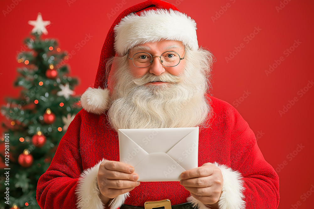 Naklejka premium Santa Claus is holding a letter on a red background