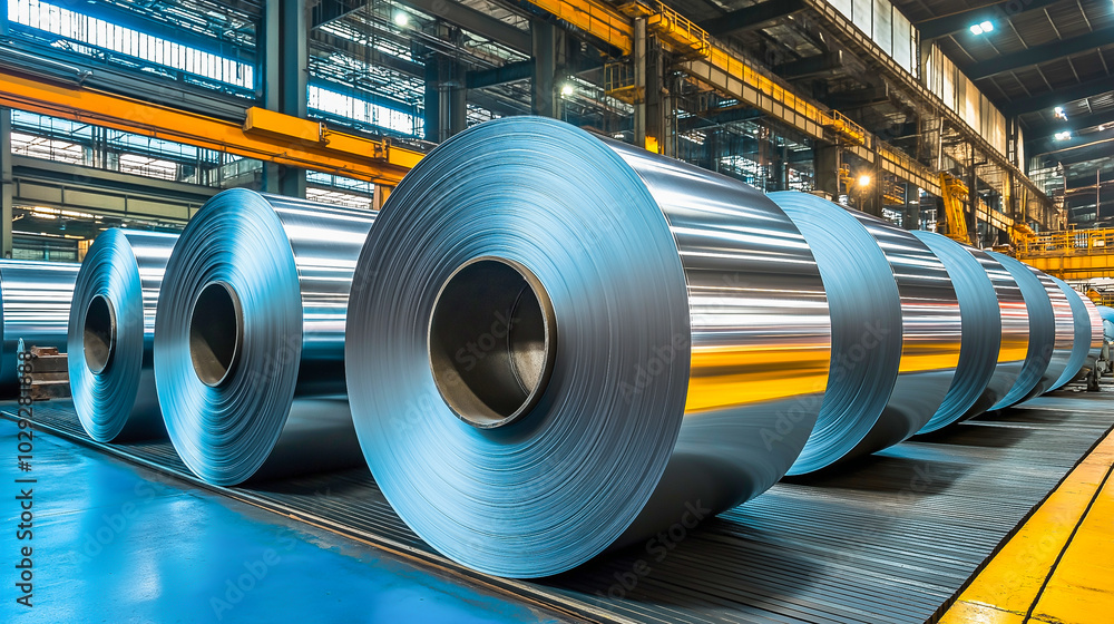 Large rolls of aluminum steel in a factory setting, showcasing industrial strength and precision Large rolls of aluminum steel in a factory setting, showcasing industrial strength and precision