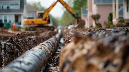 Close-up of a Large Pipe Being Laid in a Trench During Construction