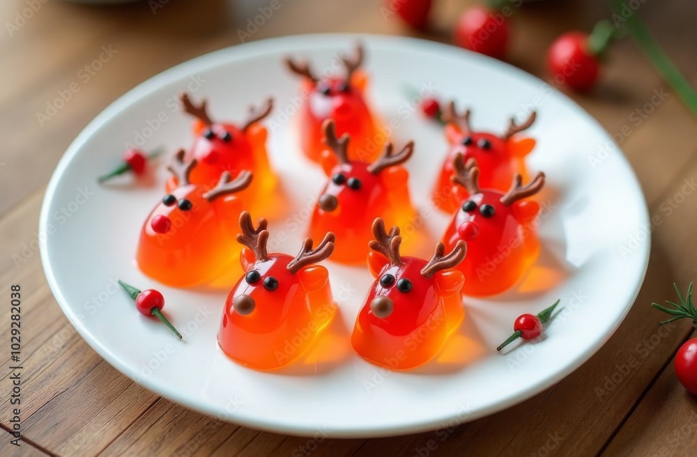 orange jelly deer on a white plate with a New Year background. New Year's children's food. orange jelly deer on a white plate with a New Year background. New Year's children's food.