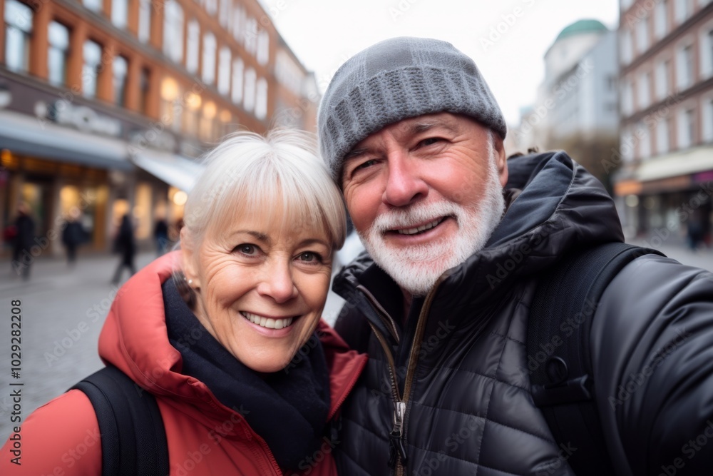 Close up of senior couple taking selfie in city Close up of senior couple taking selfie in city
