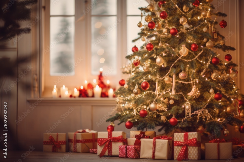Beautiful Christmas tree with presents and candles by the window Beautiful Christmas tree with presents and candles by the window