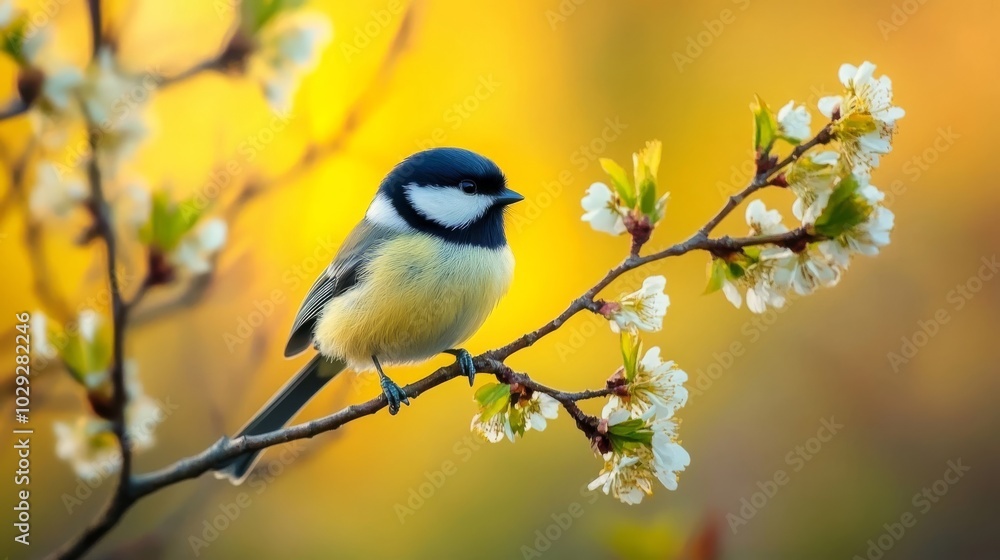 Obraz premium Cute bird with green branches and yellow background.