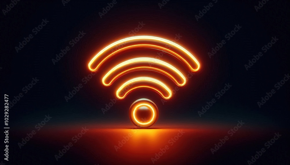 The glowing Wi-Fi symbol emits a warm orange light, showcasing a modern new design in a dark setting backround wireless network internet ethernet The glowing Wi-Fi symbol emits a warm orange light, showcasing a modern new design in a dark setting backround wireless network internet ethernet