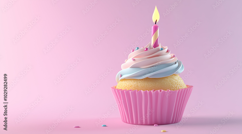 A cupcake with one candle on it, positioned on the right side of the frame, against a pastel blue and pink background. A cupcake with one candle on it, positioned on the right side of the frame, against a pastel blue and pink background.