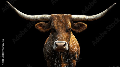 A close-up portrait of a Texas Longhorn bull with large horns and a spotted coat against a black background.