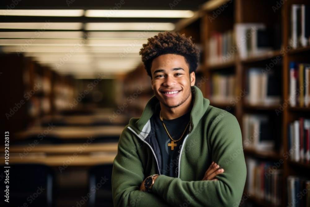 Portrait of a African American male student in library Portrait of a African American male student in library