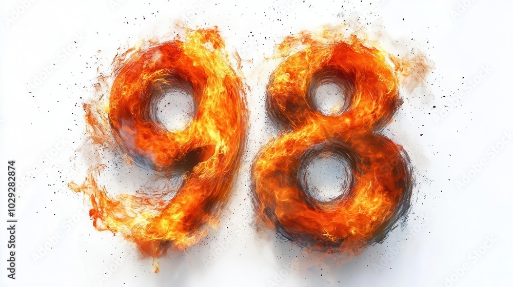 Obraz premium dynamic fiery numbers 9 8 9 8 enveloped in bright flames creating an intense contrast against a white background this symbolizes energy and passion perfect for impactful creative projects