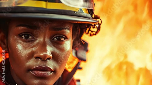 Brave firefighter fighting intense flames with determination and strength. Portrait of young black woman in firefighter uniform