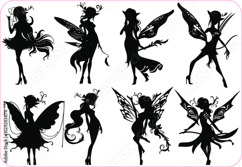 Fairy silhouette collections, Set of fairy silhouettes, Magical fairies silhouettes, Fairy magic silhouettes set, Fairy vector illustration