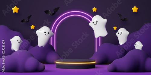 3d Halloween podium with flying ghosts and bats. Vector holiday scene featuring a pedestal surrounded by friendly spooks, purple clouds and bats at dark backdrop with glowing stars and neon light arch