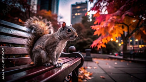 Urban Squirrel Amidst Cityscape: A Vibrant Close-Up of Nature in the City
